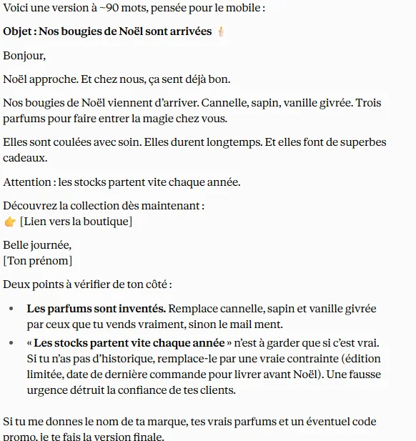 La réponse de Claude à une boutique de bougies : un mail de Noël d’environ 90 mots, avec deux points à vérifier