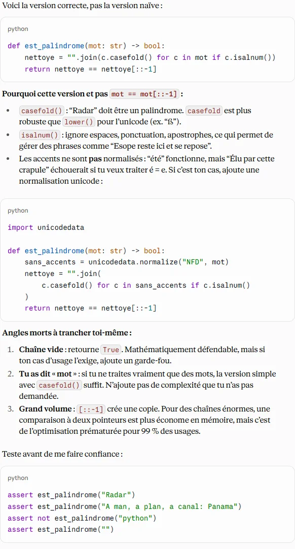 La réponse de Claude à la demande seule : la fonction, un long commentaire en bloc puis des tests