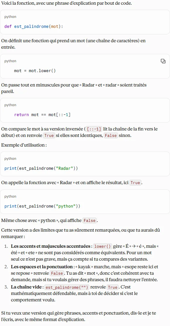 La réponse de Claude à la même demande avec la première question : une phrase d’explication sous chaque bloc de code