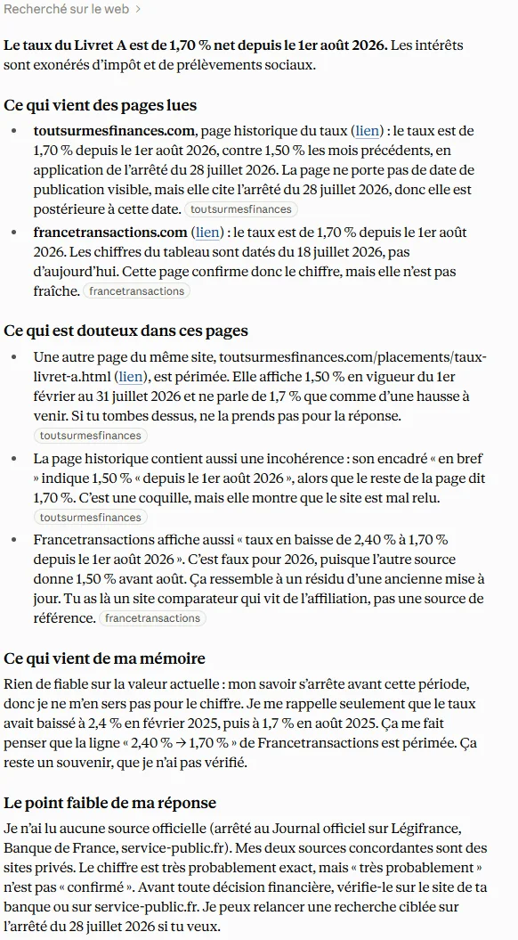 La réponse de Claude : le taux trouvé sur le web, ce qui vient des pages lues, ce qui est douteux, ce qui vient de sa mémoire et le point faible de sa réponse