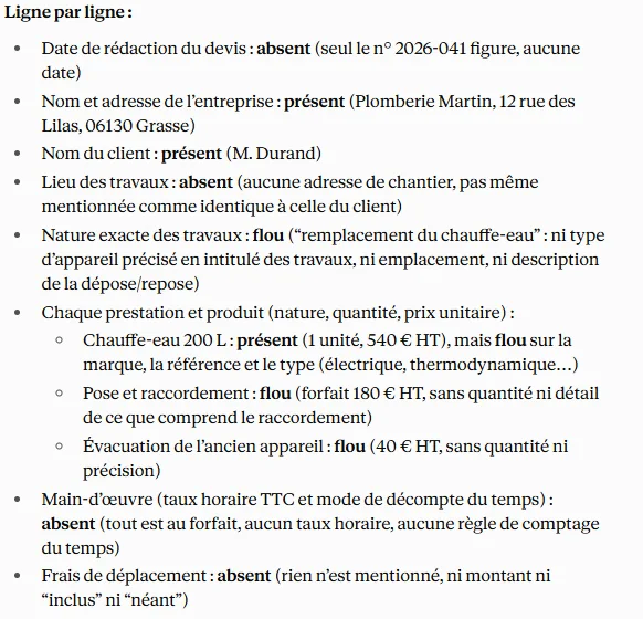 La réponse de Claude sur un devis : mention par mention, présent, absent ou flou