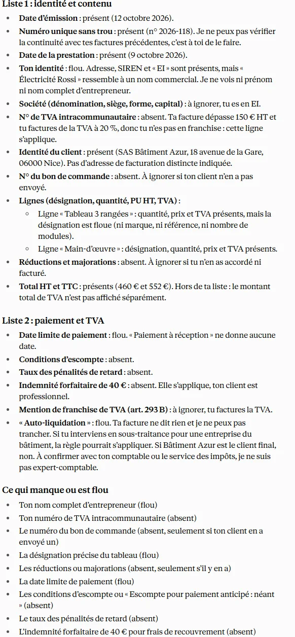La réponse de Claude sur une facture : mention par mention, présent, absent ou flou