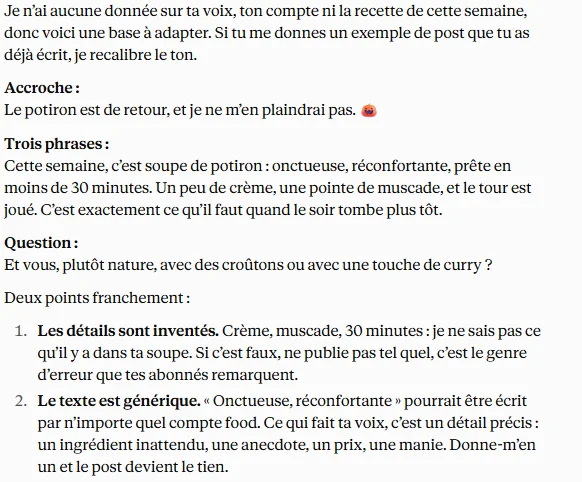 La réponse de Claude sans rien savoir de la marque : un post générique, avec ses détails inventés signalés