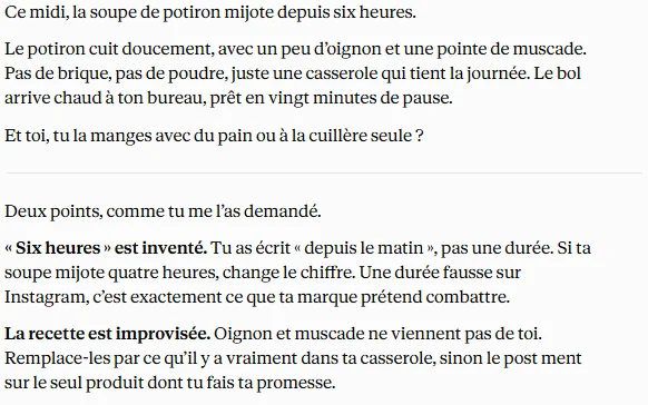 La réponse de Claude avec la voix de la marque : phrases courtes, tutoiement, pas d’emoji, avec deux points à vérifier